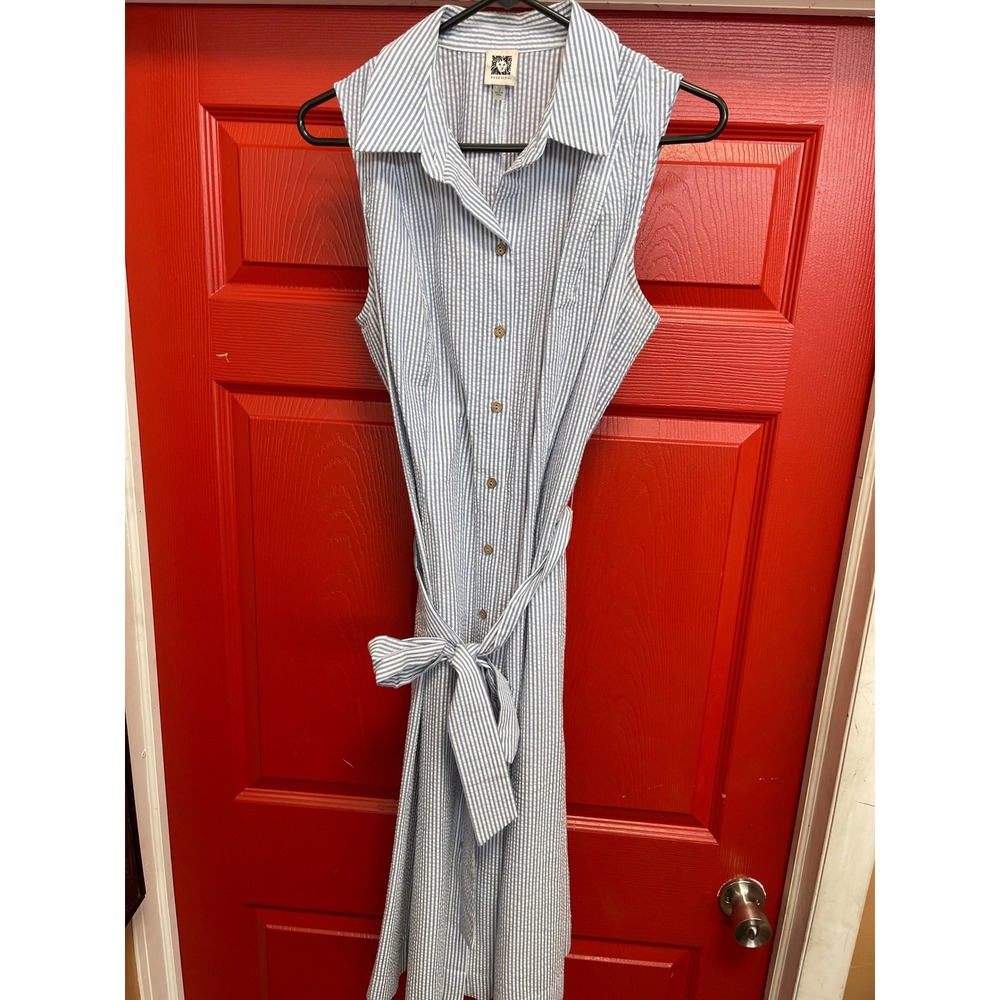 Anne Klein Blue White Seersucker Sleeveless Midi Shirt Dress Belted Size 12